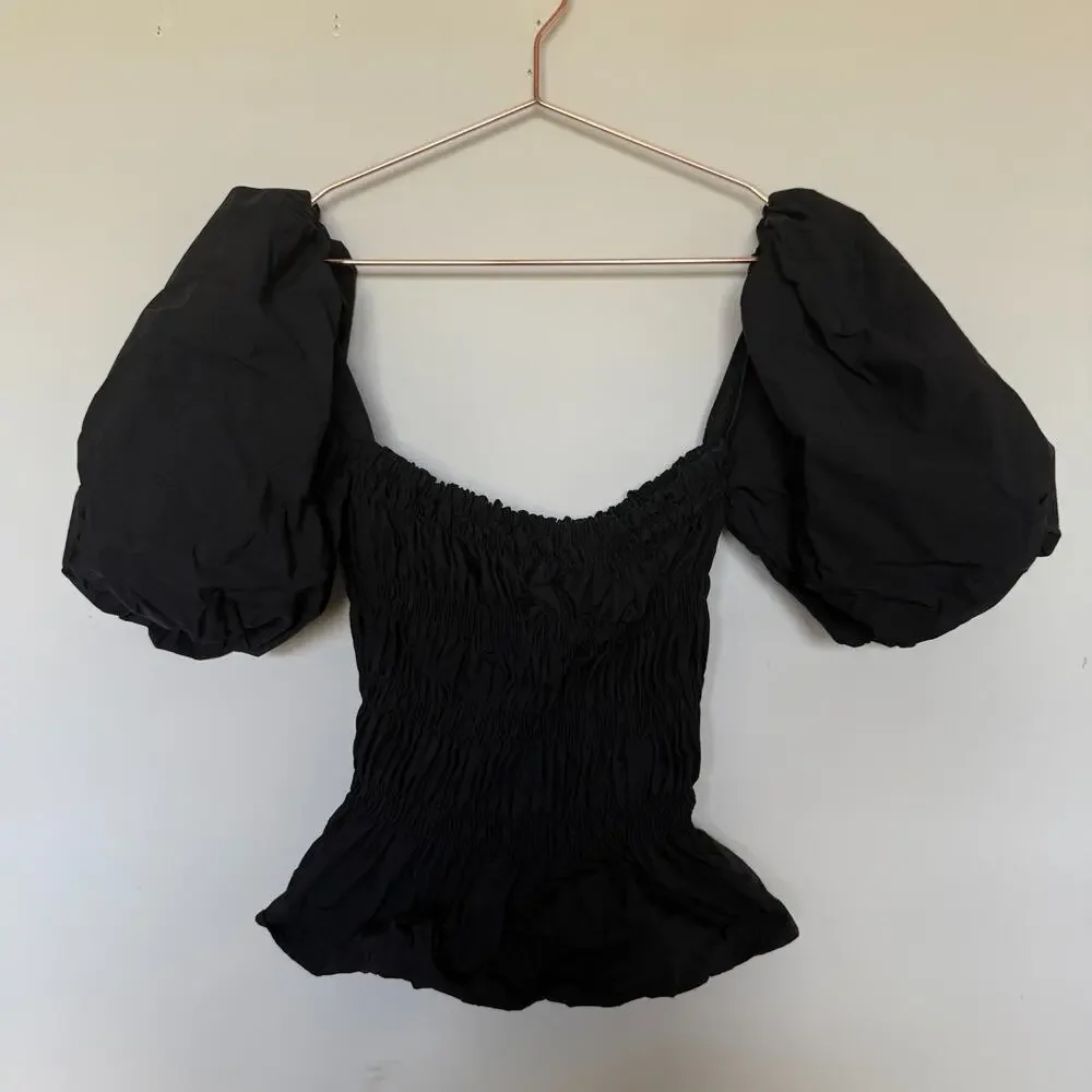 ASTR The Label Women Savina Top S Black Puff Bubble Sleeve Square Neck Whimsical